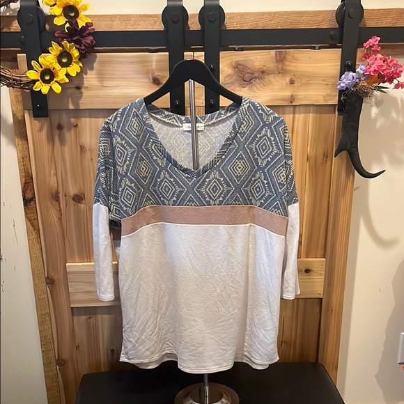 Lovely J Tops - Chic Geometric Long Sleeve Top - Blue, White, and Tan